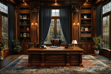 A vintage study room with large wooden desk, ornate bookshelves, and arched windows, bathed in warm sunlight. Created with Ai