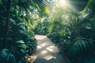 Inside dome, vibrant tropical forest path, high humidity, dappled sunlight, midshot , professional color grading