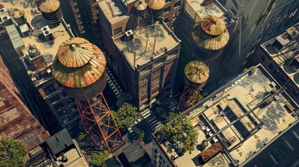 A birdseye view of a citys urban renewal with the traditional silhouette of water towers transformed into modern multipurpose structures representing the changing landscape