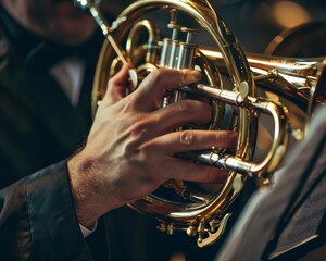 Obraz premium A detailed close-up of the intricate valves and slides on a French horn