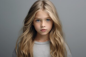 portrait of a little girl with long blond hair on a gray background