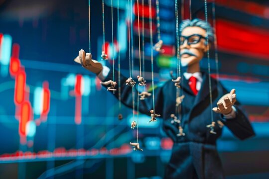 Generate a visually striking image of a business man puppet controlling the stock market fluctuations with precision