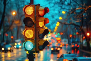 Dazzling traffic lights on a city road - This image features an array of traffic lights illuminating a wet city street in the blue hour of twilight - obrazy, fototapety, plakaty