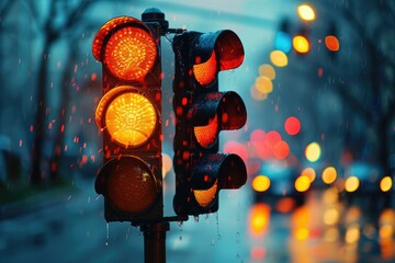 Wet traffic signal against evening cityscape - Vivid image of an illuminated wet traffic signal with sparkling city lights in the background - obrazy, fototapety, plakaty