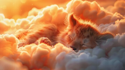 Sleeping lynx cub nestled in clouds - A dreamlike image of a peaceful lynx cub sleeping soundly amid fluffy clouds evoking innocence and serenity