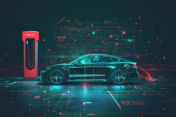 Innovative electric car connected to charging station with future architecture building background. Technological advancement rechargeable EV car using alternative clean and sustainable energy