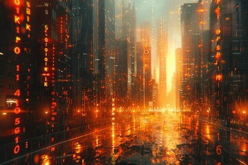 Digital cityscape with golden data streams - A dystopian view of a cityscape overtaken by digital data streams in gold, representing the digital transformation - obrazy, fototapety, plakaty