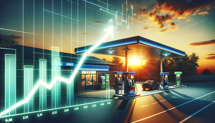Economic Rise: Gas Station and Upward Graph at Sunset