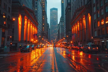 Fotobehang Rain-soaked city street with glowing lights - A picturesque urban scene with rain reflecting city lights, illuminating a typical bustling street © Mickey