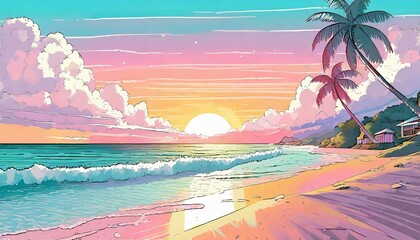 1980年代風のポップアートイラストビーチ