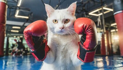 白猫の構えのポーズ ボクシング ジム - obrazy, fototapety, plakaty