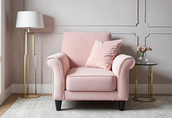 Light pink armchair on an empty light wall backdrop colorful background
