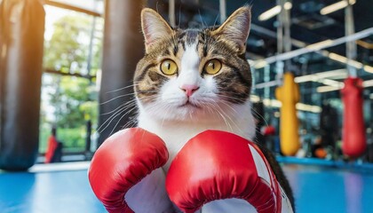キジ白猫のファイトポーズ ボクシング ジム - obrazy, fototapety, plakaty