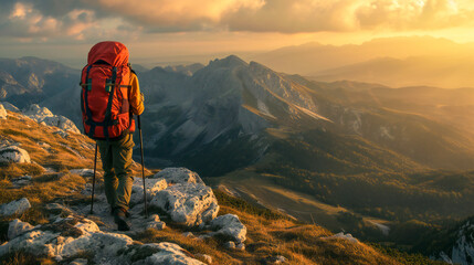 A man with a backpack sitting in a mountain setting, enjoying the panoramic view in the morning