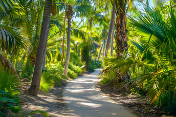  A pathway winding through a forest with towering tropical trees and hanging leaves.