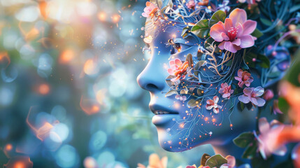 The face of a dreamy girl with flowers and swirls of energy around her. Dream and meditation...