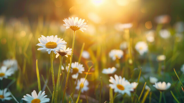 Daisies field in sunset light, spring nature landscape background