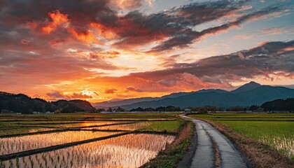 夕暮れ時の日本の田舎の風景 Japanese countryside landscape at sunset