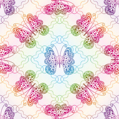 Vector seamless hand drawn gradient pattern with colorful butterflies on white