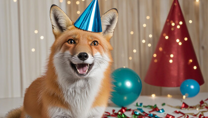 fox Happy cute animal friendly fox wearing a party hat celebrating at a fancy newyear or birthday party festive celebration greeting with bokeh light and paper shoot confetti surround party colorful b