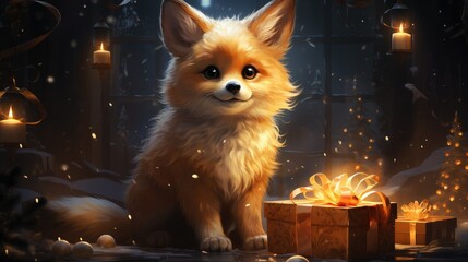 Obraz premium A fawncolored fox puppy with whiskers sits beside a gift box in a dark room
