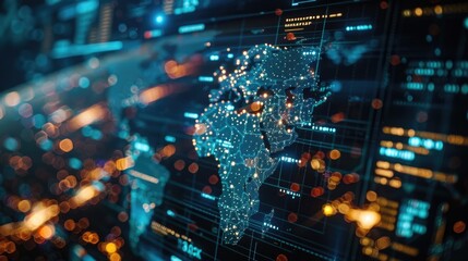 Obraz premium This visually striking image depicts a complex,interconnected digital landscape that symbolizes the global economy and its dynamics Vibrant data points,lines,and shapes converge to create a striking