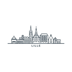 Lille cityscape skyline city panorama vector flat modern logo icon. France, French Flanders town emblem idea with landmarks and building silhouettes. Isolated thin line graphic 