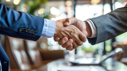 Business meeting between a customer and a banker,symbolizing the establishment of a successful partnership The handshake between the two individuals represents the commitment - obrazy, fototapety, plakaty