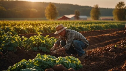 Happy male farmer holding fresh beautiful potato growing in fertile soil on farm bed - obrazy, fototapety, plakaty