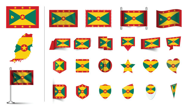 set of Grenada flag, flat Icon set vector illustration. collection of national symbols on various objects and state signs. flag button, waving, 3d rendering symbols