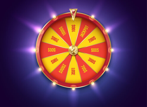 Glowing fortune wheel color realistic vector illustration. Spin gambling game with prizes. Casino roulette 3d object on blue background