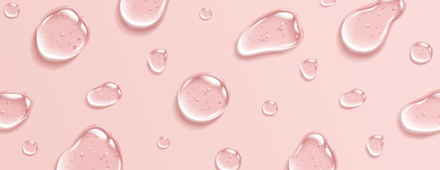 Collagen gel with bubbles drops realistic vector illustration pattern. Anti aging moisturizing skincare product 3d objects on pink background
