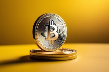 Close-up of single gold Bitcoin coin on yellow background. Crypto currency banner with copy space from the right and left side. Bitcoin coin with space for text on yellow background