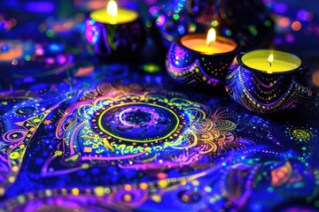 Illuminated glowing candles on colorful artwork - Close-up of illuminated tea candles on a brightly decorated surface with cosmic and spiritual designs - obrazy, fototapety, plakaty