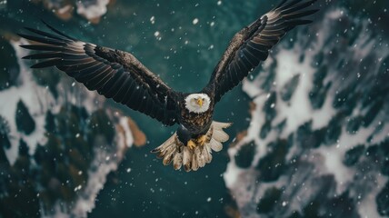 Snowy eagle flyover with menacing gaze - An eagle braves a snow flurry, its gaze piercing as it flies directly towards the viewer - obrazy, fototapety, plakaty
