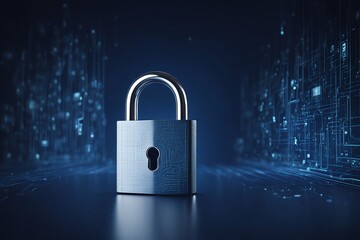 Fototapeta premium A digital padlock symbolizing robust cybersecurity measures for computing systems, set against a dark gold and blue background, conveying the importance of fraud prevention, privacy protection.