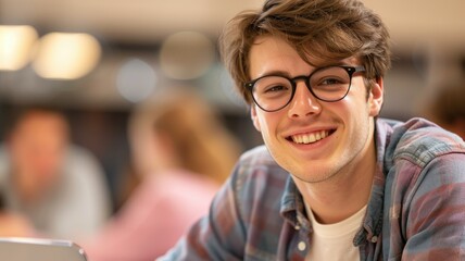 Young man with glasses smiling in an indoor space - A young adult male in casual attire expressing a warm, genuine smile, with a group setting in soft focus - obrazy, fototapety, plakaty