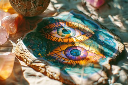 Sunlit colorful eye painting on textile - Vibrant painting of a multicolored eye on a textile, bathed in natural sunlight, with gemstones around