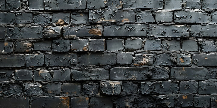 Wide old black shabby brick wall texture. Dark masonry panorama. generative ai 