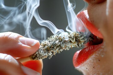 Close-up of lips smoking a marijuana joint - A close-up captures sensuous lips holding a marijuana joint, with rising smoke creating an intimate atmosphere - obrazy, fototapety, plakaty