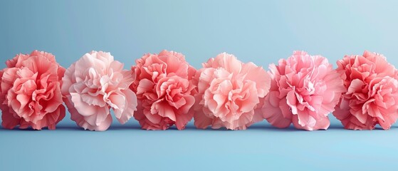   A line of pink blossoms positioned beside one another against a light blue backdrop in front of a blue canvas