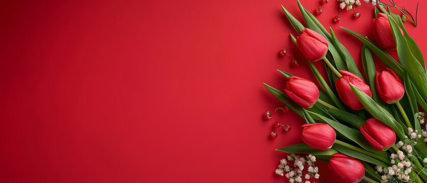   Bouquet of red tulips & baby's breath on red bg with text space