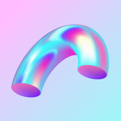 Iridescent half toros realistic vector illustration. Holographic semi donut geometric shape trendy design. Metallic 3d object on purple background