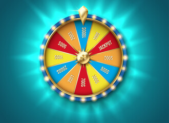 Glowing fortune wheel color realistic vector illustration. Spin gambling game with prizes. Casino roulette 3d object on turquoise background