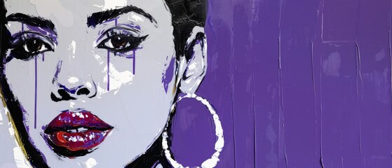   A close-up of a woman's tearful face in a purple background painting