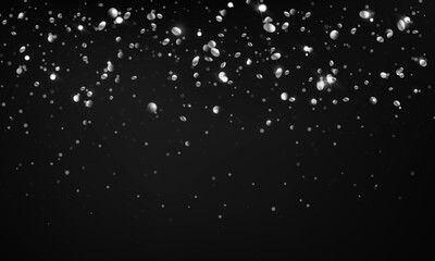 Twinkling silver glitter drops floating realistic vector illustration. Shiny confetti shower 3d design. New year party decor on black background