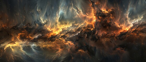  A vibrant image featuring numerous orange and yellow clouds in the foreground against a backdrop of deep darkness - obrazy, fototapety, plakaty