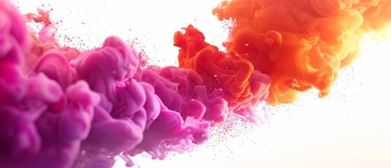   A group of colorful inks float in the air against a white sky background