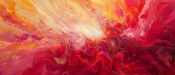   An artistic depiction in vibrant shades of red, yellow, and orange, adorned with cascading water droplets