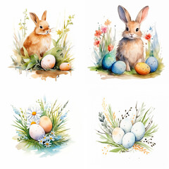 Hand drawn Happy Easter greeting card set, watercolor cute rabbit in red flowers with festive eggs, sketch colorful illustration isolated on white backdrop festive animal for design holiday postcard
